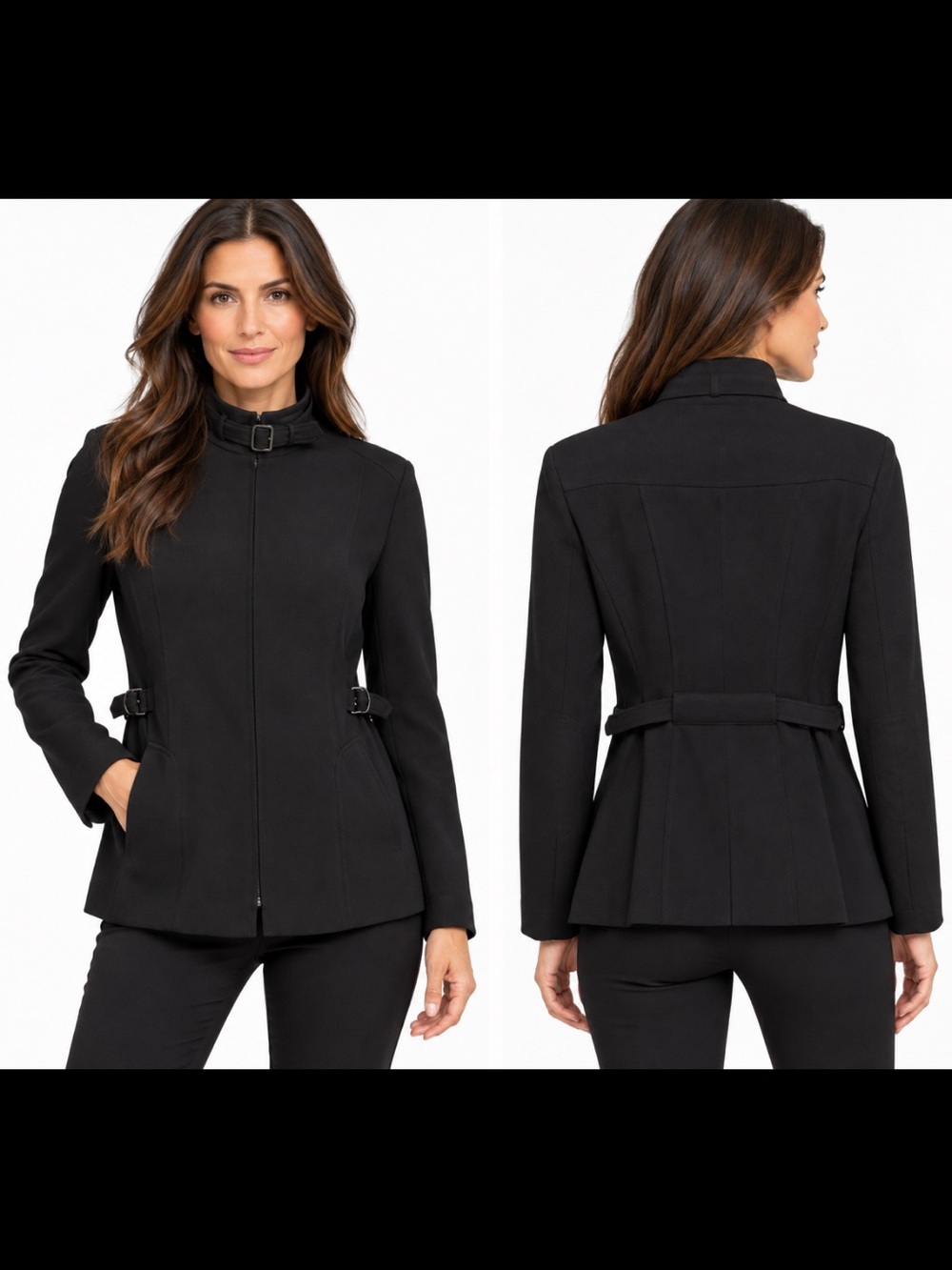 Akris Punto Black 100% Wool Buckle Collar Zip Blazer Belted Waist Pockets
